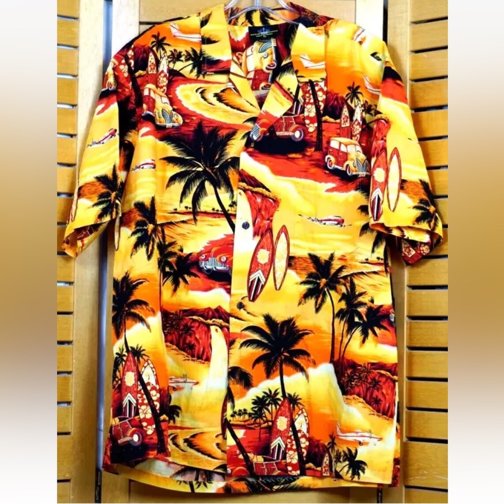 Vintage Royal Creations Hawaiian Shirt Mens Size XL Surfboards Planes Cars Plams